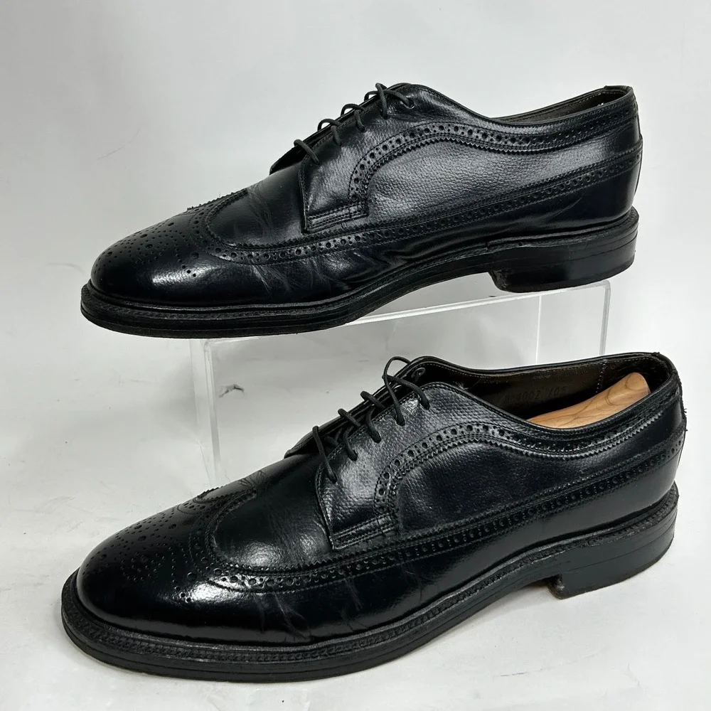 Vintage‎ Italian Mens Black Leather Wingtip Brogue Dress Shoes Nailed Heel 9.5